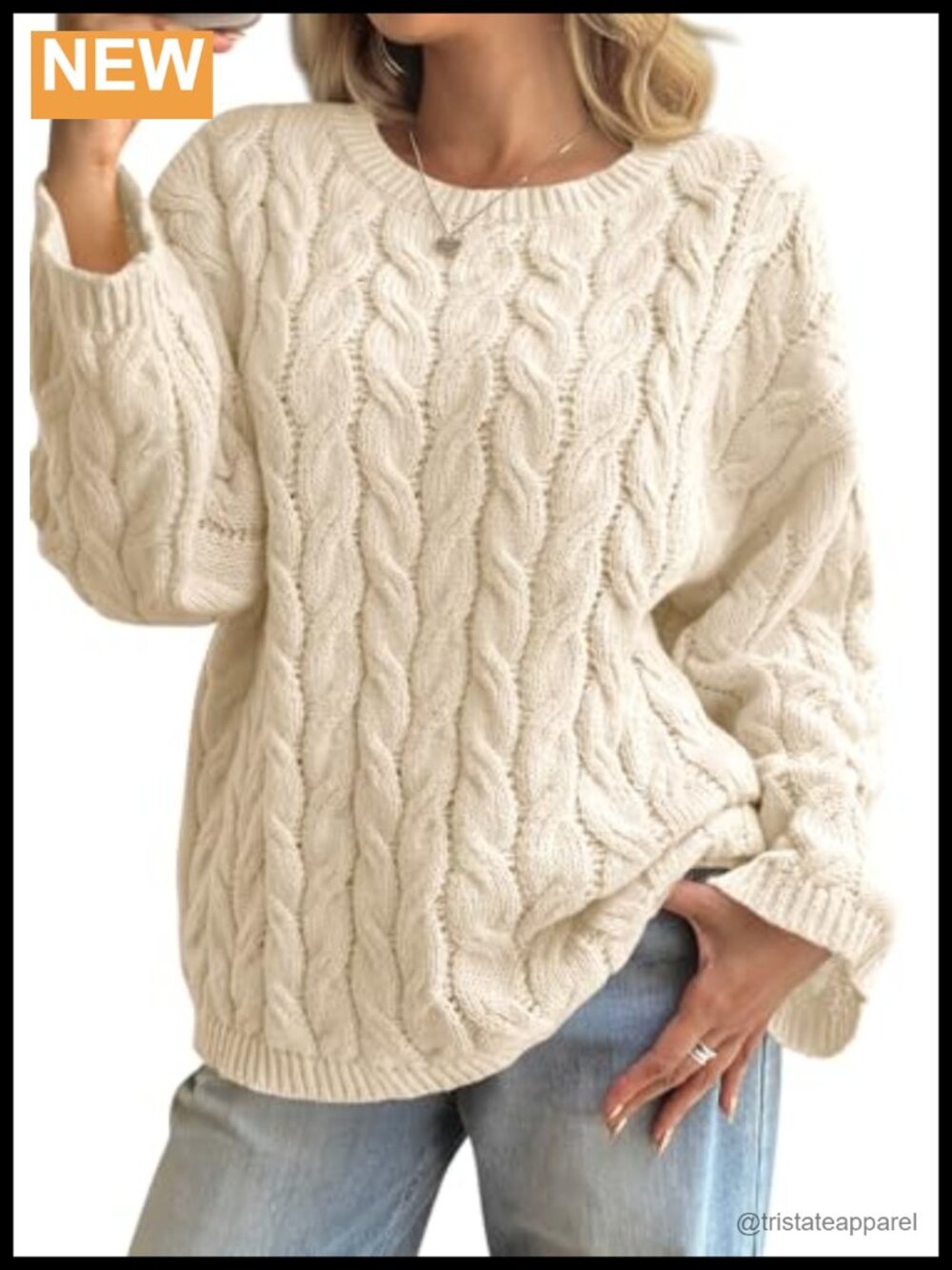 Oversized Cable Knit Sweater Long Sleeve Chunky Crewneck Pullover
